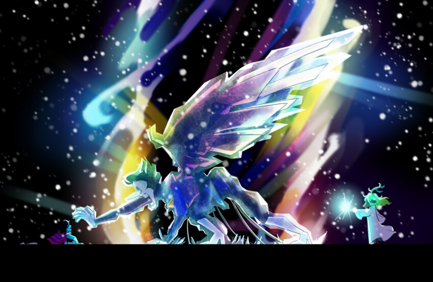1girl 2boys all_fours android arm_guards armor backlighting bear_position black_background black_hair blizzard blonde_hair blue_skin boots bright-goat brown_fur colored_skin crawling cryokinesis darkness deer_girl defeat deltarune dress frozen glasses high_heels kris_(dark_world)_(deltarune) kris_(deltarune) long_nose long_sleeves looking_up lying mechanical_wings multiple_boys noelle_holiday noelle_holiday_(dark_world) on_stomach open_mouth pointy_nose pompadour red_nose robot round_eyewear size_difference snowing spamton_g._spamton spamton_neo spell striped_capelet teeth toupee utdr_(toby_fox) wavy_hair white_boots white_dress white_gown wings