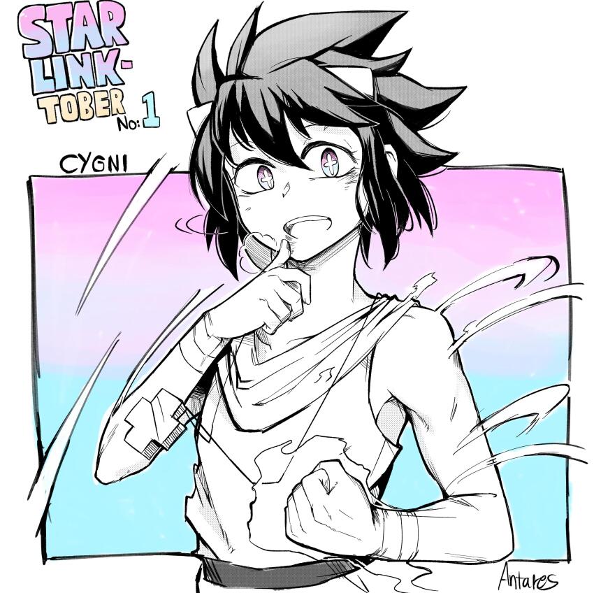 1girl absurdres antares_topaz aqua_background artist_name bandaged_wrist bandages bare_shoulders black_hair blue_eyes border character_name clenched_hand collarbone commentary cross-shaped_pupils cygni_boreas_lluminal dust_cloud english_commentary english_text engrish_commentary gradient_background hair_ornament highres looking_at_viewer monochrome multicolored_eyes pink_background pink_eyes plus_sign smile spiked_hair spot_color star_linker symbol-shaped_pupils teeth two-tone_background two-tone_eyes upper_teeth_only white_background white_border