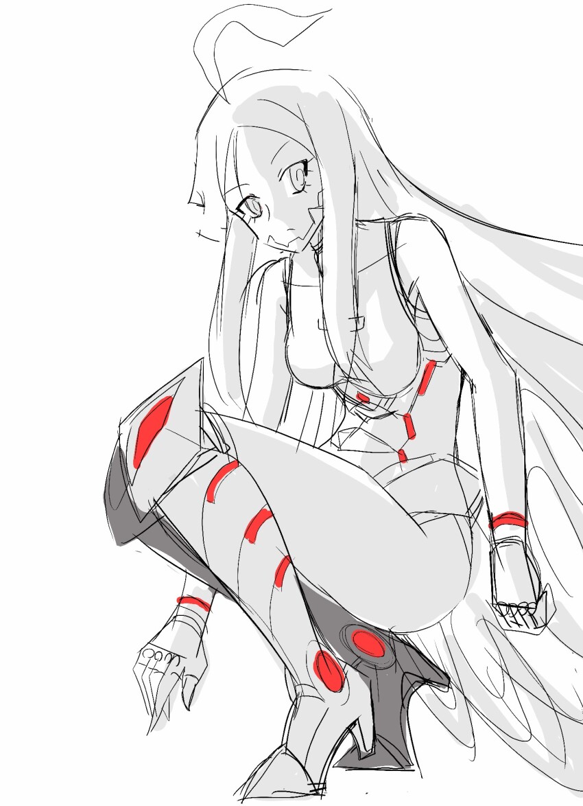 1girl armored_boots ass boots breasts butterfly_wings digimon digimon_(creature) female_focus full_body gloves high_heels highres hudiemon insect_wings kneeling leotard long_hair looking_at_viewer medium_breasts ph6xeivbgpimggg sketch solo solo_focus spot_color thick_thighs thighhighs thighs wings