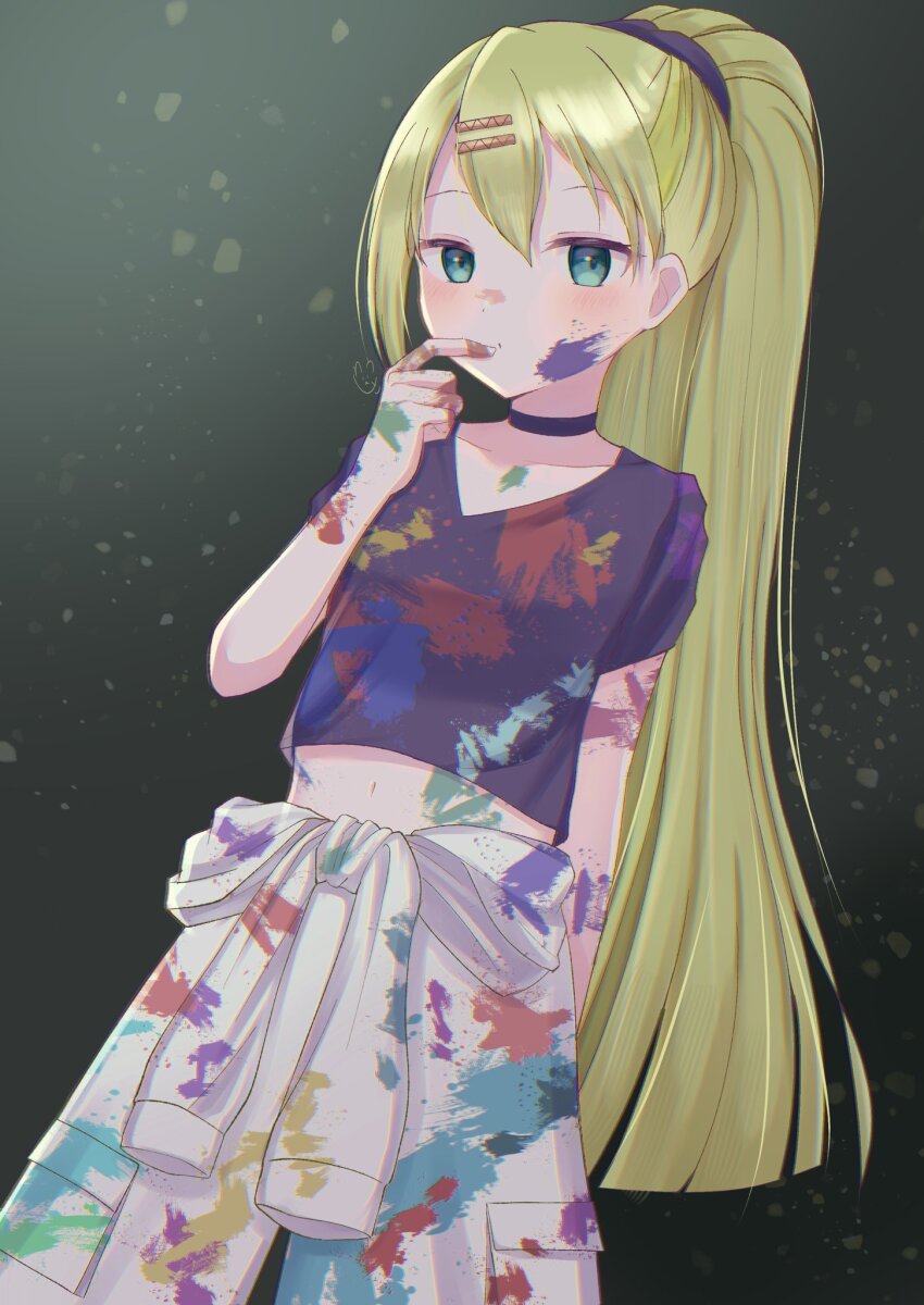 1girl alina_gray alina_gray_(atelier_clothes) black_choker black_shirt blonde_hair choker cowboy_shot finger_to_mouth green_hair hair_between_eyes hair_ornament hairclip hand_up high_ponytail highres long_hair looking_at_viewer magia_record:_mahou_shoujo_madoka_magica_gaiden mahou_shoujo_madoka_magica midriff official_alternate_costume paint_on_body paint_on_clothes paint_on_hands paint_splatter paint_splatter_on_face pants ponytail shirousa_(blanche_lapine3) shirt short_sleeves sidelocks solo standing white_pants