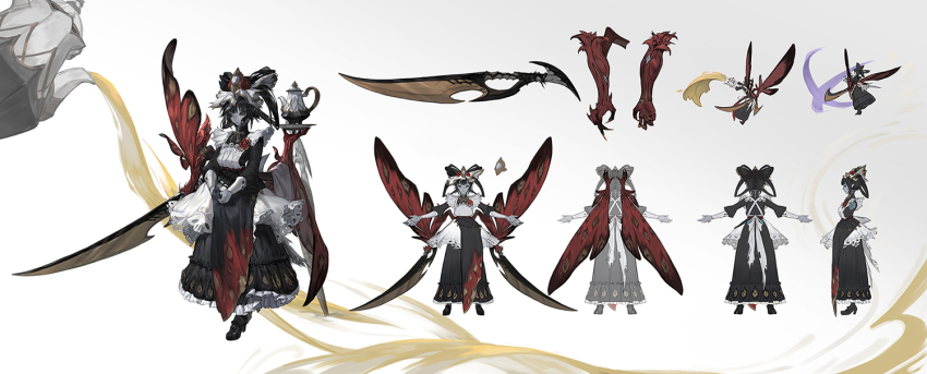 1girl aepori apron arthropod_girl black_eyes black_hair bug butterfly_wings colored_skin concept_art full_body grey_skin insect_wings long_hair looking_at_viewer maid_apron maid_headdress orange_pupils original puffy_short_sleeves puffy_sleeves short_sleeves white_apron white_background wings