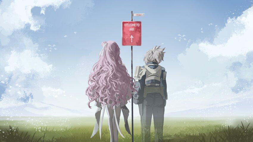 2girls absurdres armor armored_bodysuit arrow_(symbol) belt_pouch bird black_pants black_skirt black_sleeves blue_sky body_armor cloud commentary curly_hair dorothy_(nikke) dress english_commentary english_text facing_back flock goddess_of_victory:_nikke grass grey_hair hair_bun hair_ribbon hair_tie highres horizon kkaijju long_hair long_sleeves multiple_girls one_way_sign outdoors pants pantyhose pink_hair pinne_(nikke) pouch product_23_(nikke) ribbon scenery shoulder_armor sign skirt sky transparent very_long_hair white_bird white_dress white_pantyhose white_ribbon