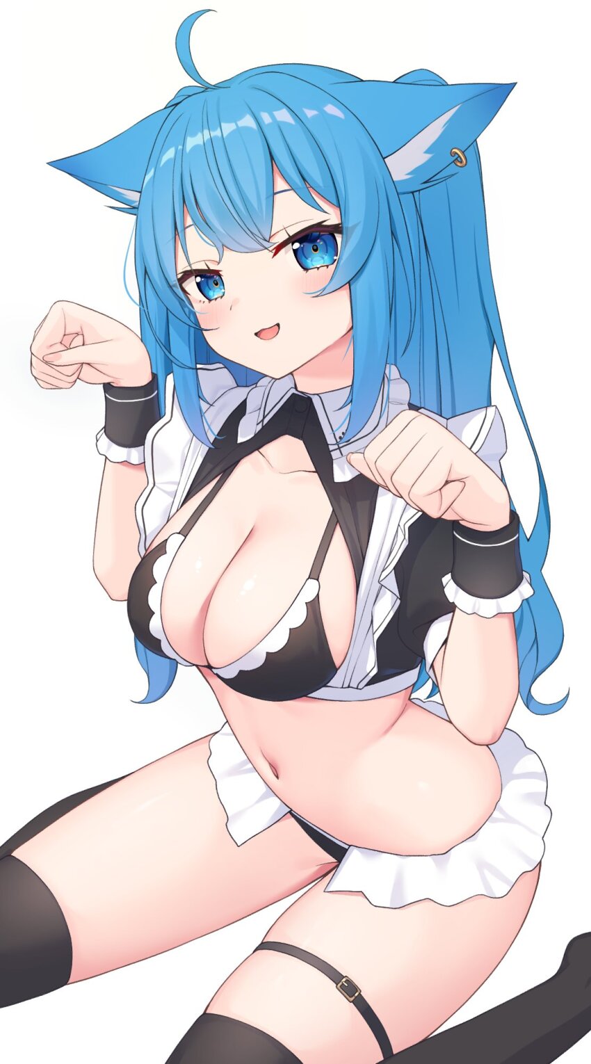 1girl ahoge alternate_costume animal_ear_piercing animal_ears bikini black_bikini black_shirt black_thighhighs blue_eyes blue_hair blush breasts cleavage commentary_request crop_top dog_ears dog_girl earrings enmaided frilled_bikini frills highres jewelry large_breasts long_hair looking_at_viewer maid maid_bikini nanashi_inc. navel nishino_eri open_mouth paw_pose shirt simple_background single_earring sitting smile solo souya_ichika swimsuit thighhighs unconventional_maid virtual_youtuber wariza white_background