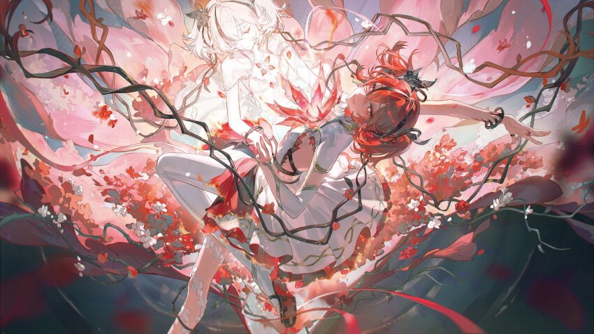 2girls asymmetrical_clothes black_flower black_ribbon blake_bloom_(wuthering_waves) breasts camellya_(wuthering_waves) chinese_commentary closed_eyes closed_mouth collar commentary crazy_smile dress dual_persona earrings flower flower_on_chest gold_earrings hair_between_eyes hair_flower hair_ornament hair_ribbon hair_vines hand_grab highres interlocked_fingers jewelry looking_at_viewer multiple_girls pants red_eyes red_hair red_ribbon ribbon short_hair short_twintails sideless_dress single_pantsleg small_breasts smile smusmuye tacet_mark_(wuthering_waves) twintails white_collar white_dress white_hair white_pants wuthering_waves