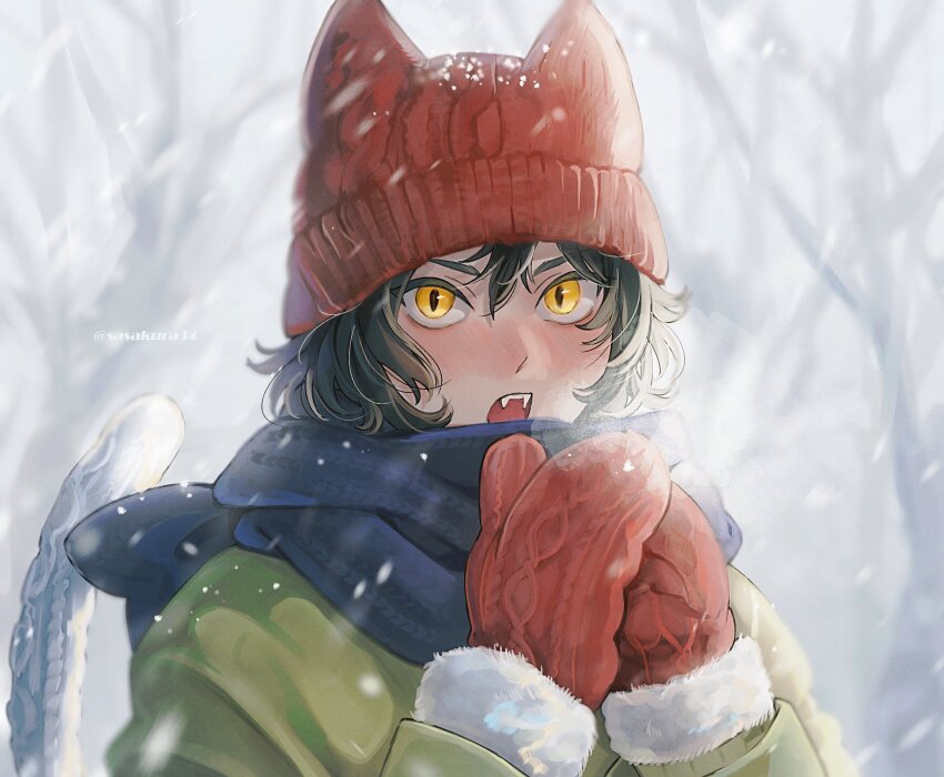 1girl alt_text alternate_costume animal_ears black_hair blue_scarf blurry blush bow breath cat_ears cat_girl cat_tail coat depth_of_field dungeon_meshi fangs fur-trimmed_mittens fur_trim green_coat hair_between_eyes hands_up hat highres izutsumi knit_hat long_sleeves looking_at_viewer mittens open_mouth outdoors red_hat red_mittens sasakura34 scarf scarf_bow short_hair slit_pupils snowing solo tail tail_cover teeth tree twitter_username upper_body upper_teeth_only winter yellow_eyes