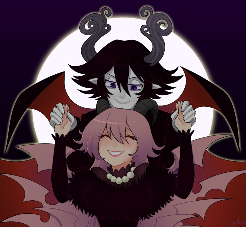 1boy 1girl black_dress couple demon_boy demon_girl demon_horns demon_wings dress funamusea gallaxi homriette horns husband_and_wife lil_(funamusea) long_hair looking_at_another pink_hair satanick_(funamusea) wings
