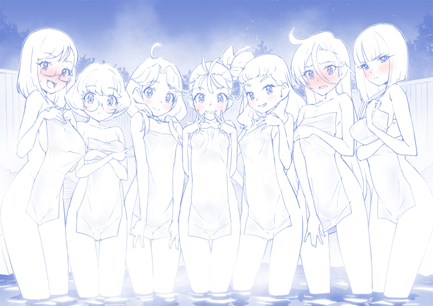 6+girls :d ahoge blue_theme breasts commentary_request flat_chest ichinose_minori large_breasts laura_(precure) laura_la_mer long_hair looking_at_viewer medium_breasts miyagoe_yoshitsuki monochrome multiple_girls natsuumi_manatsu onsen open_mouth outdoors precure sakuragawa_saki shiratori_yuriko short_hair side_ponytail small_breasts smile steam suzumura_sango takizawa_asuka tropical-rouge!_precure