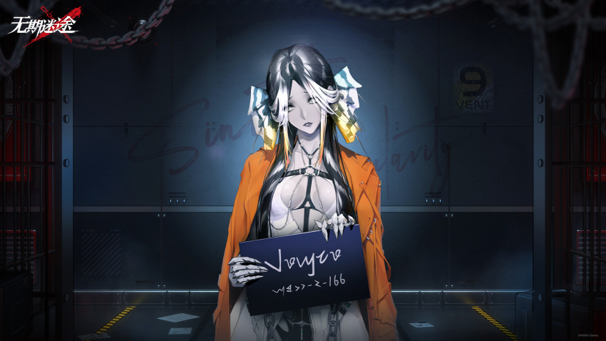 1girl against_wall black_hair black_panties bow breasts chain character_name claw_ring colored_skin copyright_name dress grey_lips grey_skin hair_bow highres holding holding_sign indoors jacket jacket_on_shoulders lamia_(path_to_nowhere) logo long_hair looking_at_viewer medium_breasts mugshot multicolored_hair official_art official_wallpaper orange_jacket panties parted_lips path_to_nowhere prison_cell prison_clothes showgirl_skirt sign solo streaked_hair underwear upper_body white_bow white_dress white_eyes white_hair