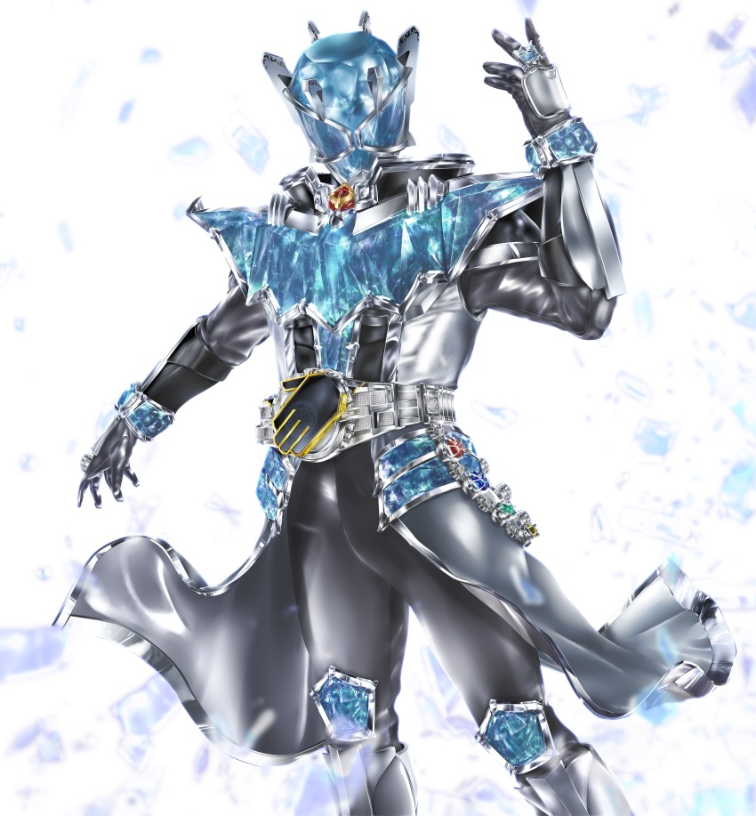 1boy absurdres armor belt black_bodysuit blue_armor blue_eyes bodysuit cowboy_shot rider_belt handprint helmet highres jewelry kamen_rider kamen_rider_wizard kamen_rider_wizard_(infinity_style) kamen_rider_wizard_(series) kuzurx looking_at_viewer male_focus mask ring solo tailcoat tokusatsu wizardriver