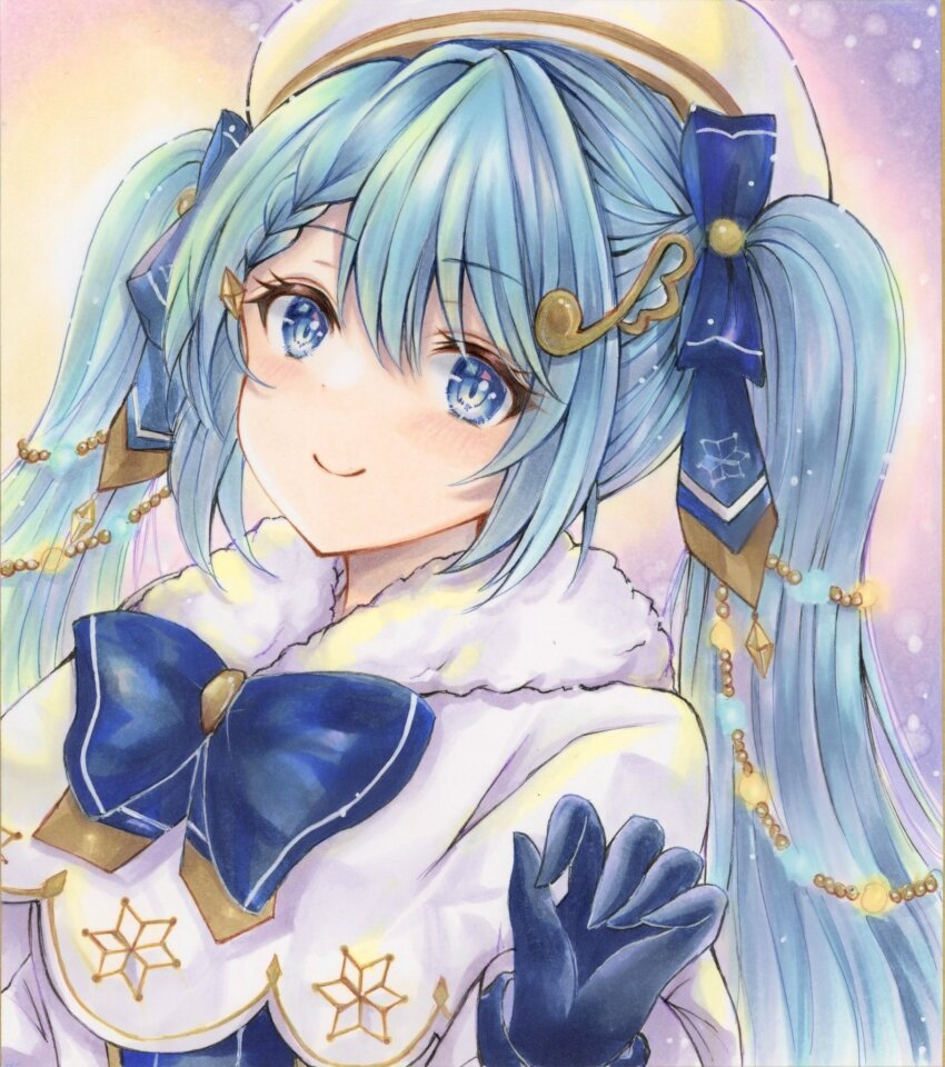 1girl 2424yume beret blue_bow blue_gloves blush bow braid capelet closed_mouth commentary_request dress fortissimo gloves gold_trim hair_between_eyes hair_ornament hat hatsune_miku highres long_hair long_sleeves musical_note musical_note_hair_ornament official_alternate_costume official_alternate_hairstyle smile snowflake_print twintails upper_body very_long_hair vocaloid white_capelet white_hat yuki_miku yuki_miku_(2021)