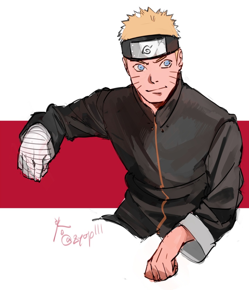 1boy bandaged_arm bandages black_jacket blonde_hair blue_eyes boruto:_naruto_next_generations closed_mouth forehead_protector highres jacket konohagakure_symbol long_sleeves male_focus naruto_(series) ninja red_background smile solo spiked_hair two-tone_background uzumaki_naruto white_background zifletts