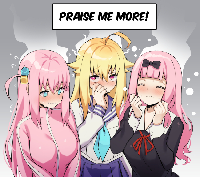 3girls ahoge black_bow black_dress blonde_hair blue_eyes blue_neckerchief blunt_bangs bocchi_the_rock! bow breasts clenched_hands closed_eyes closed_mouth commentary crossover cube_hair_ornament dress english_commentary english_text fujiwara_chika gotoh_hitori grey_background hair_bow hair_ornament head_steam hino_minami_high_school_uniform jacket kaguya-sama_wa_kokurasetai_~tensai-tachi_no_renai_zunousen~ kangbus koshi_torako large_breasts long_hair long_sleeves multiple_crossover multiple_girls neck_ribbon neckerchief pink_eyes pink_hair pink_jacket pleated_skirt purple_sailor_collar purple_skirt red_ribbon ribbon sailor_collar school_uniform serafuku shikanoko_nokonoko_koshitantan shirt shuuchiin_academy_school_uniform side_ahoge skirt track_jacket upper_body wavy_mouth white_shirt winter_uniform