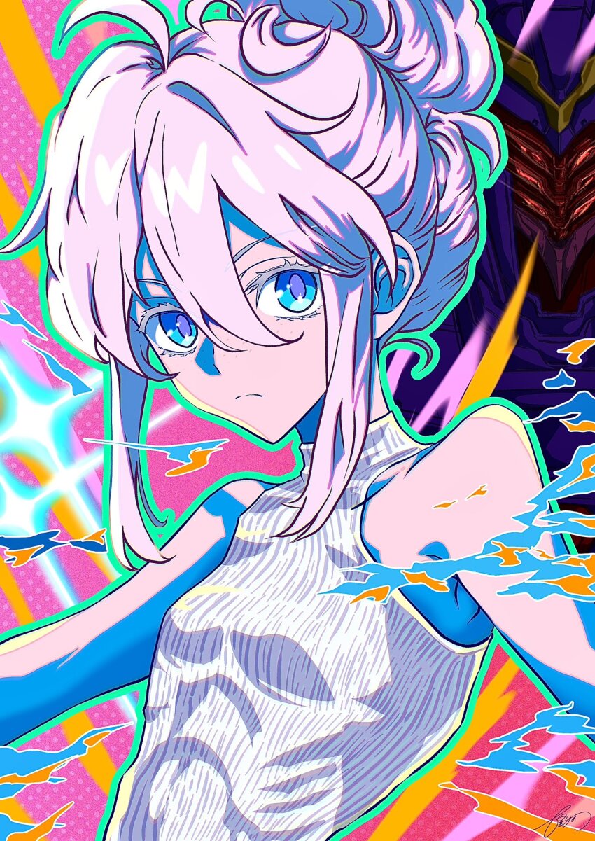 1girl blue_eyes breasts closed_mouth colored_eyelashes commentary deux_murasame freckles grey_hair gundam gundam_gquuuuuux hair_bun hashtag-only_commentary highres long_hair looking_at_viewer mecha mobile_suit nanase_ryo psycho_gundam purple_pupils robot science_fiction small_breasts solo updo white_eyelashes white_hair