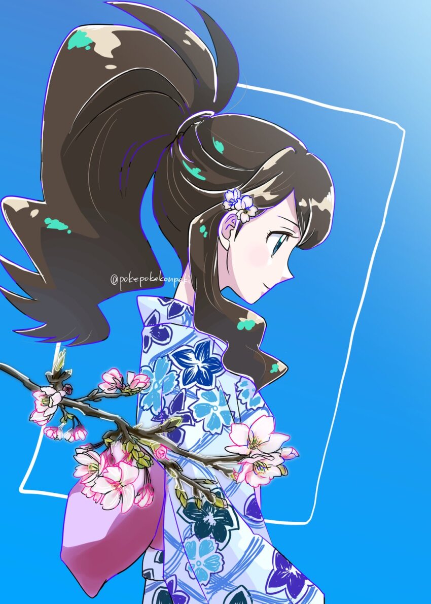1girl alternate_costume blue_background blue_eyes branch brown_hair closed_mouth commentary_request eyelashes floral_print flower from_side hair_flower hair_ornament high_ponytail highres hilda_(pokemon) japanese_clothes kimono looking_down nintendo pink_flower pokemon pokemon_bw pokepokekonpeki ponytail sidelocks smile solo twitter_username upper_body watermark white_kimono