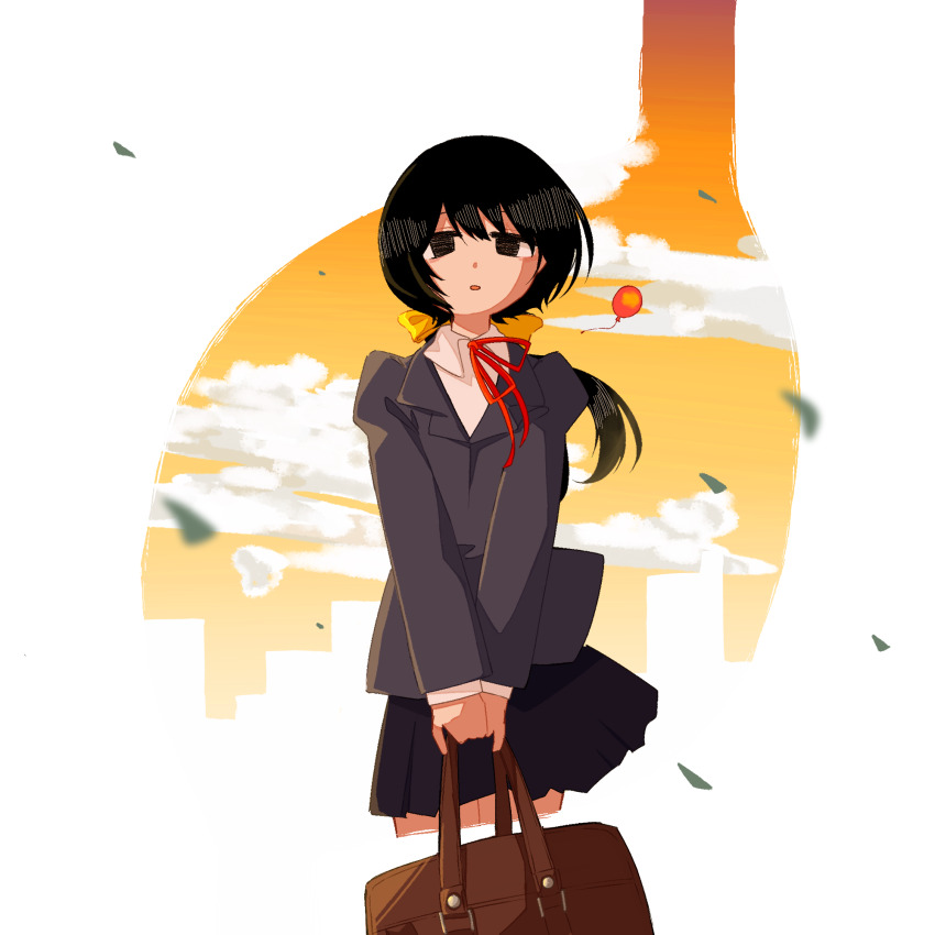 1girl bag balloon black_eyes black_hair black_skirt border brown_bag cloud collared_shirt cropped_legs evening expressionless falling_leaves grey_jacket highres holding holding_bag iyowa_girls jacket leaf long_hair looking_at_viewer low_ponytail neck_ribbon open_mouth orange_sky outside_border pleated_skirt ponytail red_ribbon ribbon riko_(iyowa) rinarina0315 school_bag school_uniform shirt skirt sky skyline solo standing straight-on v_arms white_border white_shirt wind