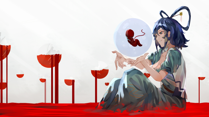 1girl aqua_dress blood blue_eyes blue_hair breasts bubble cleavage collarbone dress fetus floating from_side hair_between_eyes hair_ornament hair_rings hair_stick highres kaku_seiga knees_up large_breasts looking_ahead looking_down naufaldreamer parted_lips partially_submerged pool_of_blood puffy_short_sleeves puffy_sleeves short_hair short_sleeves simple_background sitting smile solo touhou vest white_background white_vest