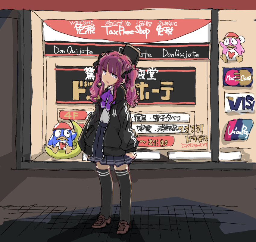 1girl arms_at_sides bird black_jacket black_ribbon black_thighhighs blue_skirt brown_shoes cevio commentary_request display don_quijote_(store) donpen full_body grey_eyes guitar_case hair_ribbon instrument_case instrument_case_on_back jacket jitome long_hair looking_at_viewer mastercard natsuki_karin neck_ribbon night open_clothes open_jacket open_mouth outdoors penguin purple_hair purple_ribbon ribbon shirt shirt_tucked_in shoes skirt solo sotobako_e standing storefront synthesizer_v thighhighs translation_request twintails visa white_shirt