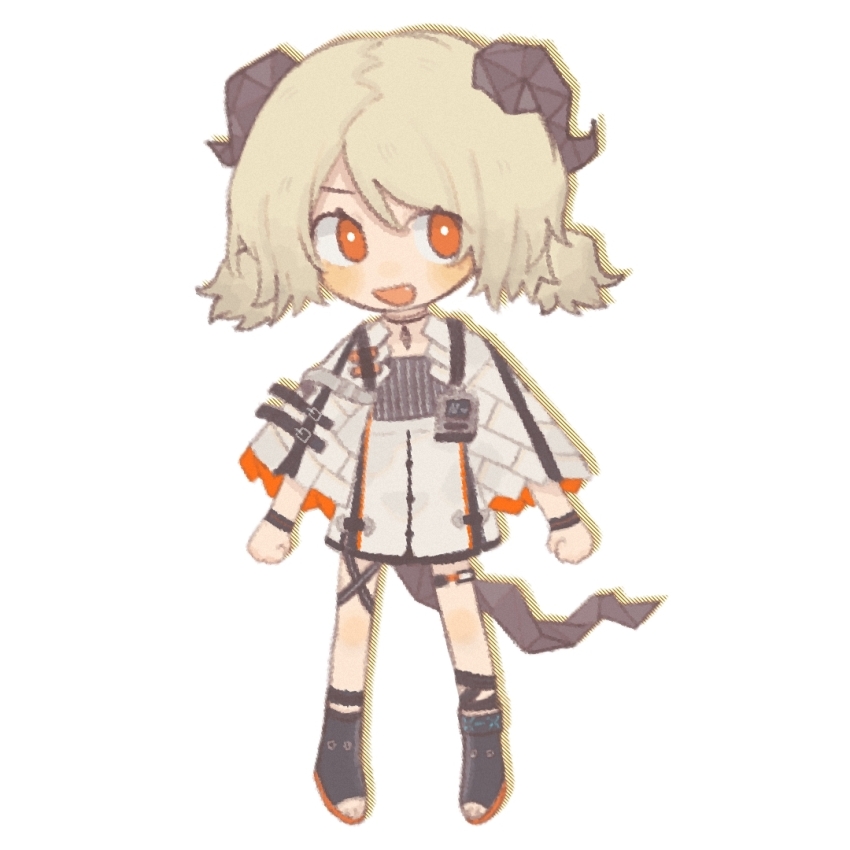1girl :d arknights ating38797 blonde_hair bright_pupils brown_horns brown_tail chibi chibi_only drop_shadow fang full_body horns ifrit_(arknights) infection_monitor_(arknights) looking_at_viewer open_mouth orange_eyes short_hair simple_background smile solo standing tail white_background white_pupils