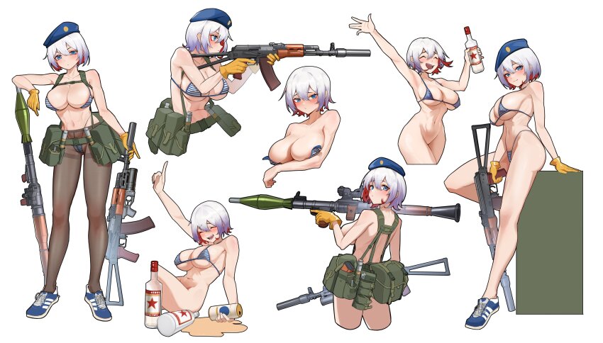 1girl abs absurdres adidas ak-74 aks-74 alcohol ammunition_pouch arm_up ass assault_rifle beer beer_can beret bikini blue_eyes blue_footwear blush bottle bra bra_slip breasts can covering_privates drink_can drunk glass_bottle gloves gp-25 grenade_launcher gun hat highres holding holding_bottle holding_gun holding_weapon kalashnikov_rifle large_breasts looking_at_viewer looking_back lord-erica magazine_(weapon) medium_hair multicolored_hair navel no_panties original panties pantyhose pouch red_hair red_star rifle rocket_launcher rpg rpg-7 rpg_(weapon) simple_background star_(symbol) string_bikini string_panties suppressor swimsuit tactical_clothes thighs trigger_discipline two-tone_hair underbarrel_grenade_launcher underwear vdv vodka waving weapon white_background white_hair yellow_gloves