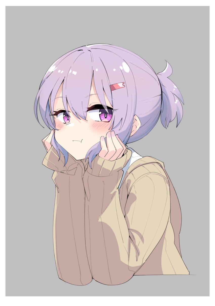 1girl :t a.i._voice alternate_hairstyle cropped_torso hair_ornament hands_on_own_chin hands_on_own_face head_rest highres long_sleeves looking_at_viewer ponytail pout purple_eyes purple_hair short_ponytail simple_background solo voiceroid yuzuki_yukari yuzuki_yukari_(shizuku) zooanime