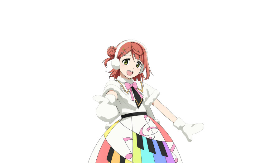 1girl blunt_bangs blush braid braided_bun bun_with_braided_base capelet colorful_dreams!_colorful_smiles!_(love_live!) cowboy_shot dress earmuffs fur-trimmed_capelet fur-trimmed_gloves fur_trim gloves hair_bun hair_ornament hairclip half_updo highres looking_at_viewer love_live! love_live!_nijigasaki_high_school_idol_club love_live!_school_idol_festival_2 medium_hair mittens musical_note musical_note_print neck_ribbon official_art open_mouth outstretched_hand piano_print pink_hair pink_ribbon rainbow_print rainbow_skirt ribbon single_side_bun smile solo swept_bangs teeth transparent_background uehara_ayumu upper_teeth_only white_capelet white_dress white_mittens yellow_eyes