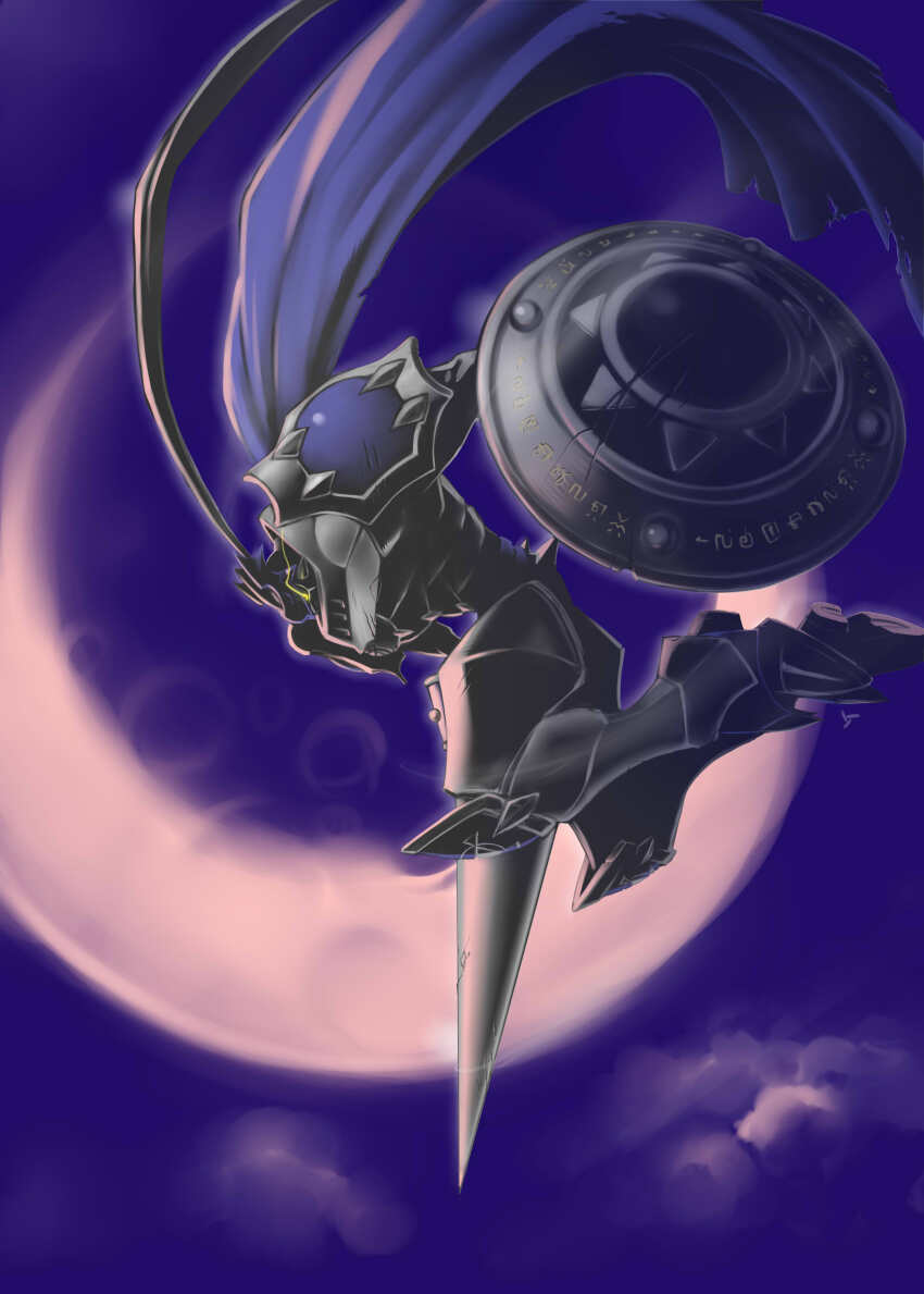 1boy absurdres armor asymmetrical_dual_wielding black_armor blue_cape cape chaosdukemon crescent digimon digimon_(creature) dual_wielding eye_trail from_side full_body glowing glowing_eyes highres holding holding_polearm holding_shield holding_weapon jack133889 lance light_trail male_focus polearm profile shield solo weapon yellow_eyes