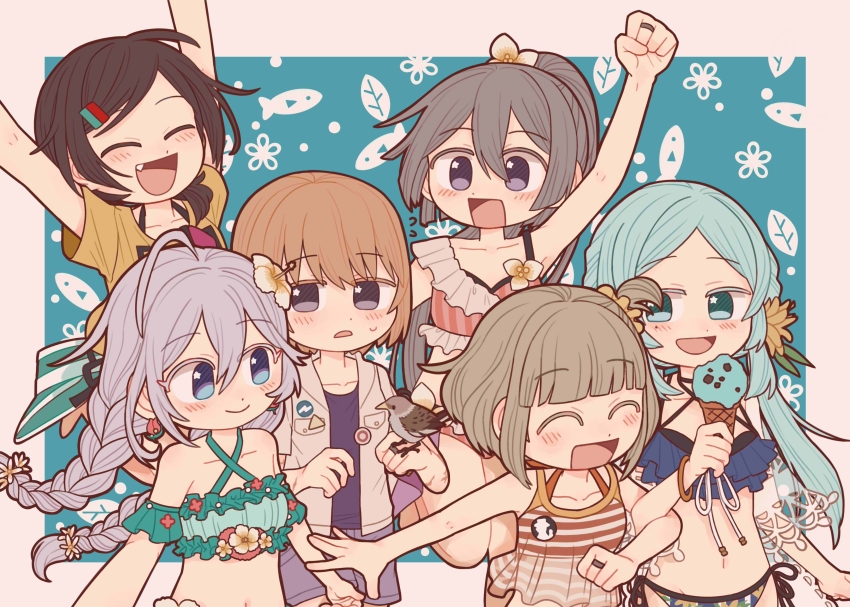 6+girls :d absurdres ahoge alternate_costume animal animal_on_hand aoba_chika aoba_chika_(swimsuit_costume) aqua_bikini bikini bikini_under_clothes bird black_bikini black_choker blue_background blue_bikini blue_eyes blue_hair blue_shorts blunt_bangs blush border braid breast_pocket brown_hair cantaurus choker closed_eyes commentary criss-cross_halter detached_sleeves dot_nose earrings fish flower flower_earrings frilled_bikini frilled_shirt frilled_sleeves frills grey_hair hair_between_eyes hair_flower hair_ornament hairclip halterneck hibiscus highres hiroe_chiharu hiroe_chiharu_(swimsuit_costume) jacket jewelry leaf light_brown_hair long_hair looking_at_another low_ponytail magia_record:_mahou_shoujo_madoka_magica_gaiden mahou_shoujo_madoka_magica medium_hair miura_asahi multiple_girls natsu_ryoko natsu_ryoko_(swimsuit_costume) official_alternate_costume one_side_up open_mouth orange_hair outside_border parted_bangs pin pink_bikini pocket ponytail purple_eyes purple_shirt red_bikini red_flower ring scar scar_on_arm see-through_clothes see-through_shirt shirt short_hair short_sleeves shorts sidelocks simple_background sleeveless sleeveless_shirt smile striped_bikini striped_clothes striped_shirt swept_bangs swimsuit symbol-only_commentary toki_sunao toki_sunao_(swimsuit_costume) tokime_shizuka tokime_shizuka_(swimsuit_costume) twin_braids twintails vertical-striped_bikini vertical-striped_clothes very_long_hair white_border white_jacket yellow_flower yellow_shirt