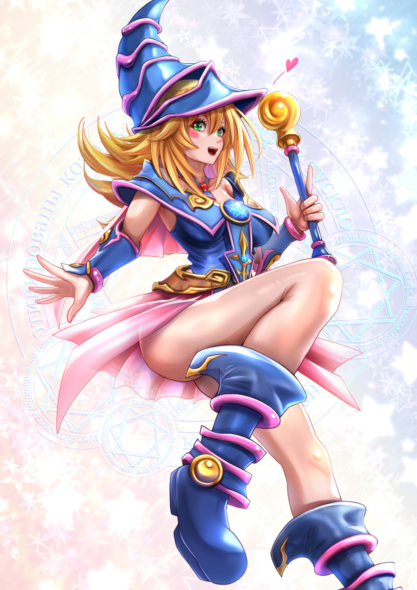 1girl blonde_hair blue_boots blue_hat boots dark_magician_girl duel_monster green_eyes hat heart highres holding holding_wand long_hair miyakura_haruto open_mouth pink_skirt showgirl_skirt skirt smile wand wizard_hat yu-gi-oh!