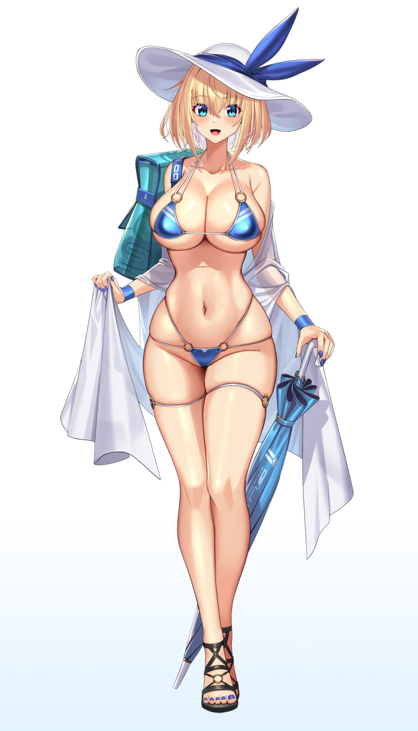 1girl bikini black_sandals blonde_hair blue_background blue_bag blue_bikini blue_eyes blue_nails breasts commentary_request gradient_background hat highres holding holding_umbrella large_breasts looking_at_viewer nail_polish o-ring o-ring_bikini o-ring_bottom o-ring_top original sandals short_hair solo sophia_f_shirring standing swimsuit takamine_nadare thigh_strap toenail_polish toenails umbrella white_hat
