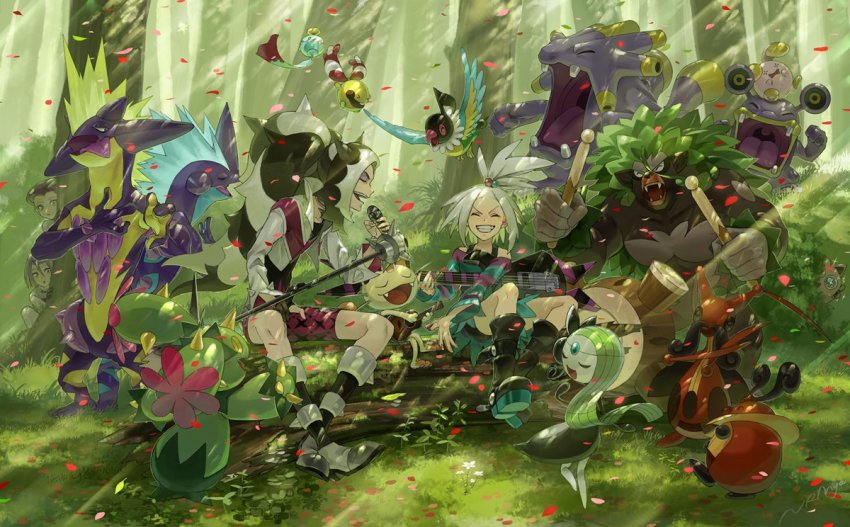 2boys 2girls bass_guitar chatot chimecho chingling commentary_request creatures_(company) drum drumsticks exploud fangs forest game_freak gen_1_pokemon gen_3_pokemon gen_4_pokemon gen_5_pokemon gen_8_pokemon grass grin gym_leader hiding holding holding_drumsticks holding_marker holding_microphone instrument james_(pokemon) jessie_(pokemon) jigglypuff kricketot kricketune legendary_pokemon light_particles light_rays log loudred maractus marker meloetta meowth microphone multiple_boys multiple_girls music mythical_pokemon nature nintendo nrmya on_head open_mouth party petals piers_(pokemon) pokemon pokemon_(anime) pokemon_(creature) pokemon_bw2 pokemon_on_head pokemon_swsh rillaboom roxie_(pokemon) singing smile team_rocket team_rocket_uniform toxtricity toxtricity_(amped) toxtricity_(low_key) tree whismur