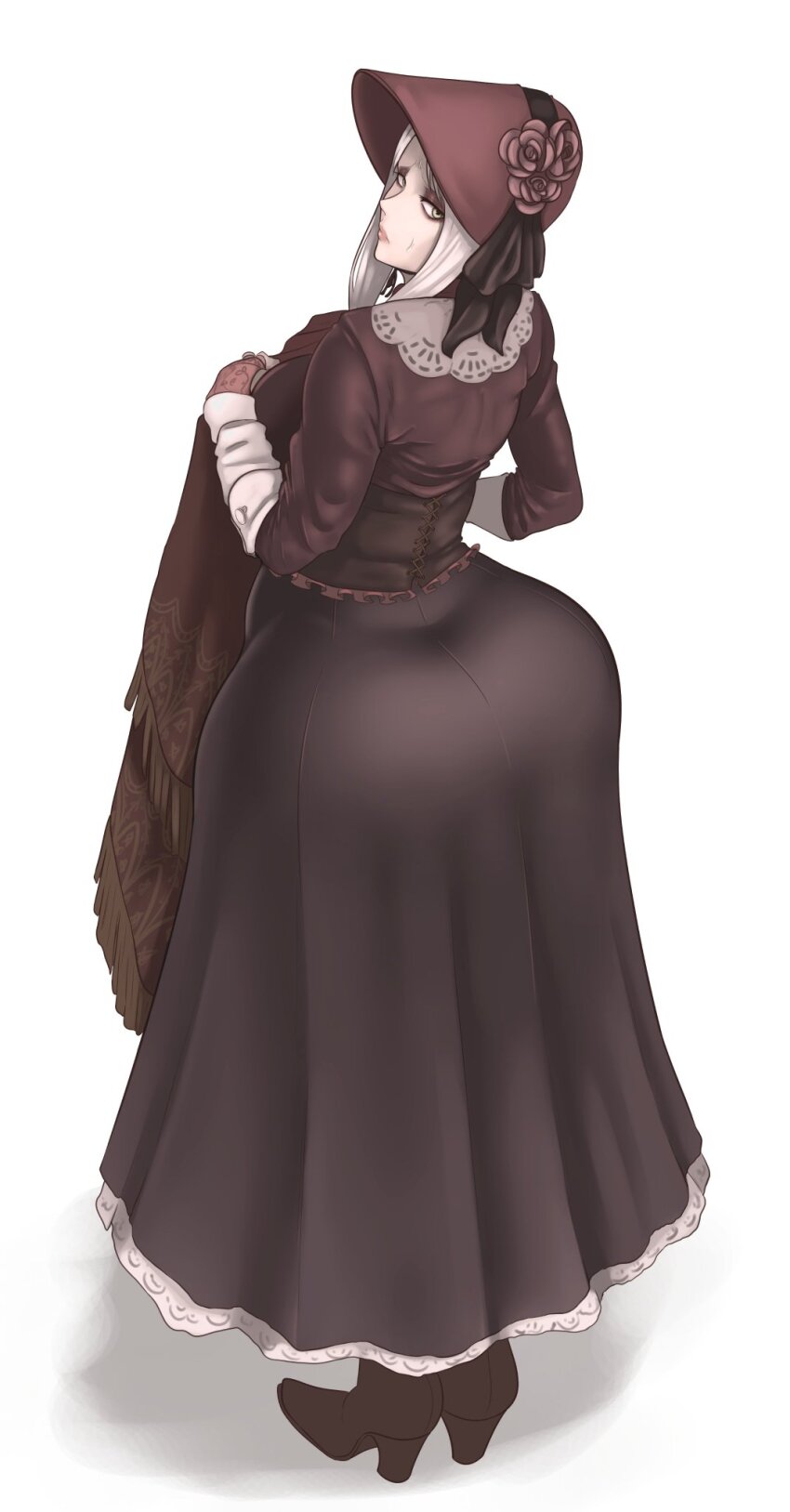 1girl ass ass_focus blanket bloodborne bonnet boots corset dress eyeshadow highres huge_ass lady_maria_of_the_astral_clocktower lipstick long_dress looking_at_viewer looking_back makeup pale_skin plain_doll quilt simple_background solo sunnysundown victorian white_hair