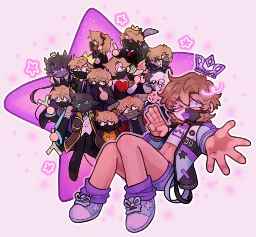 1girl 2boys 6+others androgynous blue_eyes brown_hair coat cosplay crop_top crown dream_smp free_trial_smp garfield garfield_(character) generation_loss goggles goggles_on_head hatsune_miku hatsune_miku_(cosplay) highres indie_virtual_youtuber jacket luminarytex mask michael_the_piglin midriff minecraft minecraft_youtube miss_beloved mouth_mask multiple_boys multiple_others multiple_persona navel one_eye_closed origins_smp other_focus ran_(tales_from_the_smp) ranboo ranboo_(enderian) ranboo_(generation_loss) ranboo_(r800) ranboo_(r800)_(1st_costume) ranboo_(r800)_(miss_beloved) ranbutler respirator shoes shorts spring_onion star_(symbol) tales_from_the_smp virtual_youtuber vocaloid zombified_piglin