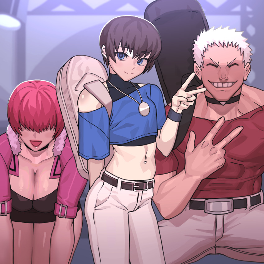 1girl 2boys belly_piercing belt blue_eyes breasts brown_hair byunsang case choker chris_(kof) cleavage closed_eyes crop_top dress highres instrument_case jacket jewelry large_breasts multiple_boys nanakase_yashiro necklace pants red_hair shermie_(kof) shirt snk the_king_of_fighters trap white_hair wristband