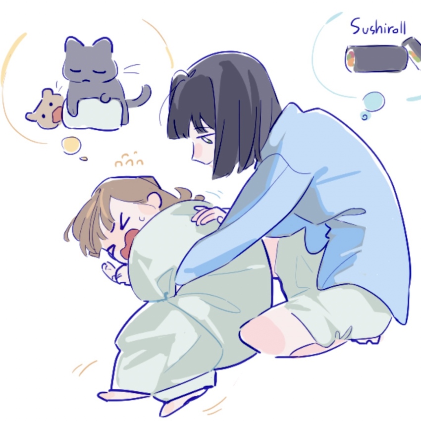 &gt;_&lt; 2girls animalization black_cat black_hair blunt_bangs blunt_ends bob_cut brown_hair cat center-flap_bangs colored_speech_bubble commentary d: dress dx english_commentary flying_sweatdrops food full_body green_dress green_eyes hamster highres kachimachi_kosuzu link!_like!_love_live! long_hair looking_at_another love_live! makizushi momose_ginko momose_ginko_(summer_loungewear) multiple_girls official_alternate_costume open_mouth person_and_animalization pipi_(m1x_mix) short_dress short_hair speech_bubble spoken_food sushi thought_bubble virtual_youtuber wrapped_in_blanket