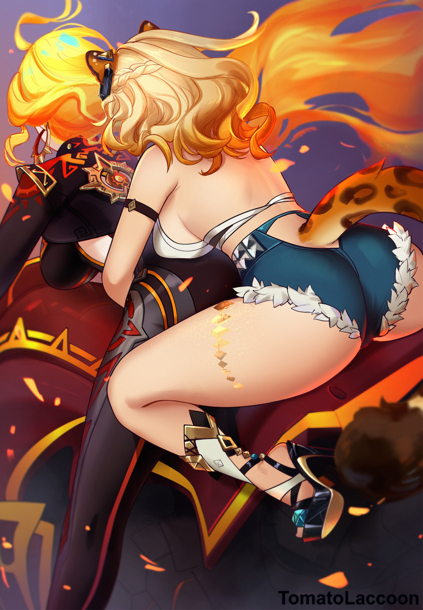2girls ahoge animal_ears ass ass_focus bare_shoulders biker_clothes bikesuit black_bodysuit blonde_hair bodysuit breasts commentary dark-skinned_female dark_skin earrings facing_away fiery_hair flamestrider_(genshin_impact) genshin_impact green_hair hashtag-only_commentary high-waist_shorts high_heels highres jaguar_ears jaguar_girl jaguar_tail long_hair mavuika_(genshin_impact) motor_vehicle motorcycle multicolored_hair multiple_girls official_alternate_hair_color on_motorcycle shoes short_shorts shorts sun_earrings tail textless_version thighs tomatolaccoon two-tone_hair very_long_hair xilonen_(genshin_impact)