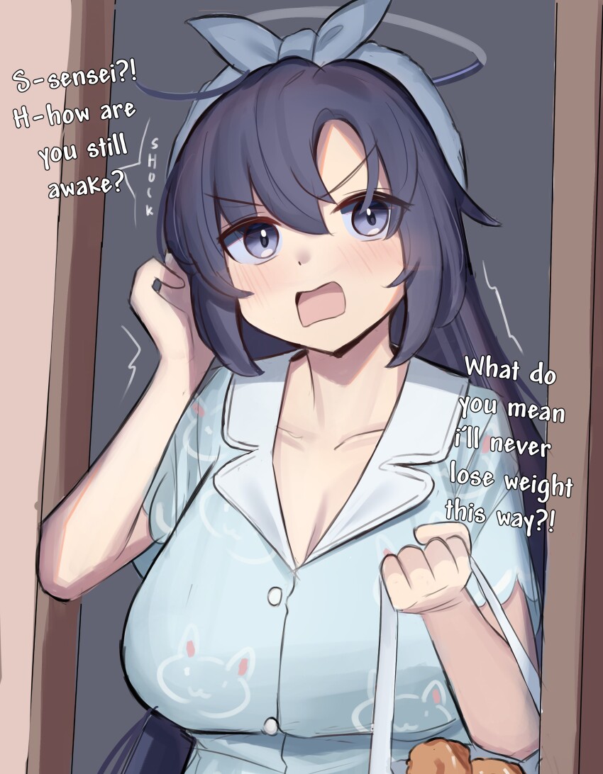 absurdres bag blue_archive blue_eyes blue_hair breasts english_text hair_between_eyes highres iog626 large_breasts light_blush looking_at_viewer pajamas shopping_bag yuuka_(blue_archive) yuuka_(pajamas)_(blue_archive)