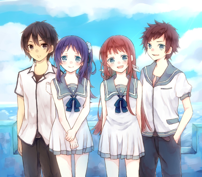 10s 1girl 2boys 2girls black_hair blue_eyes blue_hair brown_hair dress highres hiradaira_chisaki isaki_kaname kihara_tsumugu long_hair mukaido_manaka multiple_boys multiple_girls nagi_no_asukara rian_(usamin228) sailor_dress sakishima_hikari school_uniform serafuku short_hair side_ponytail standing