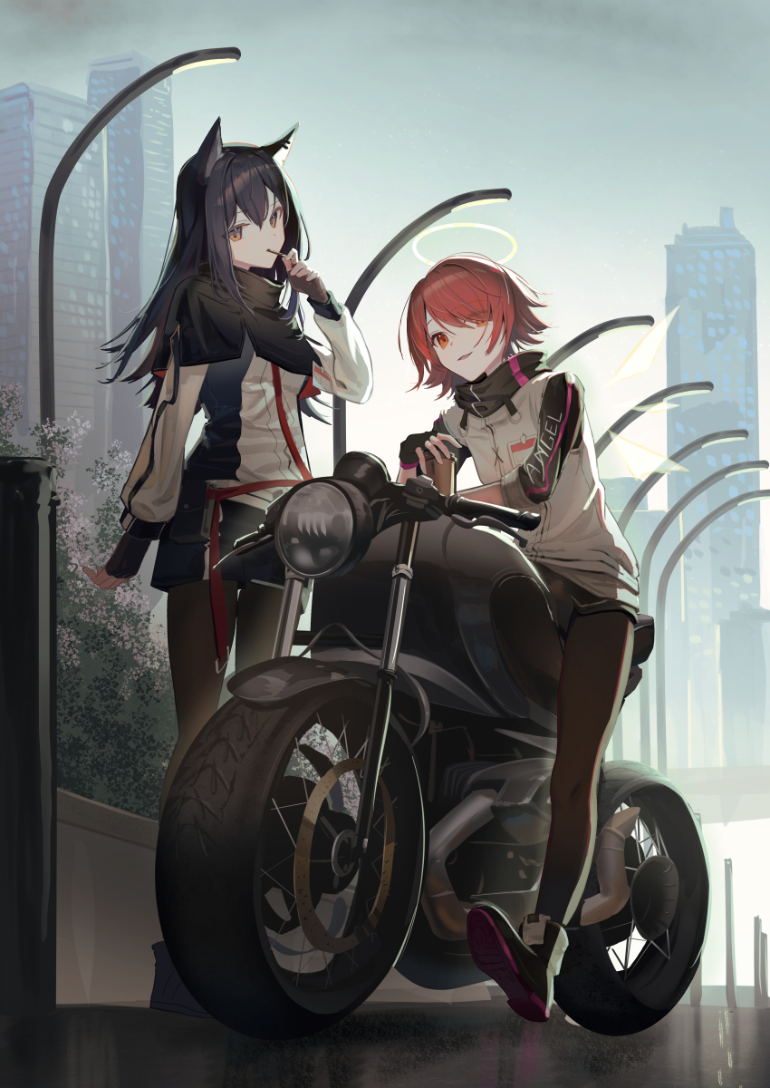 2girls :d absurdres animal_ears arknights black_gloves black_pantyhose breasts brown_eyes earrings exusiai_(arknights) fingerless_gloves flower food food_in_mouth gloves halo highres jacket jewelry lamppost long_hair looking_at_viewer medium_breasts motor_vehicle motorcycle multiple_girls natsuba002 open_mouth outdoors pantyhose pocky red_eyes red_hair short_hair shorts sitting sleeves_rolled_up smile texas_(arknights) wolf_ears