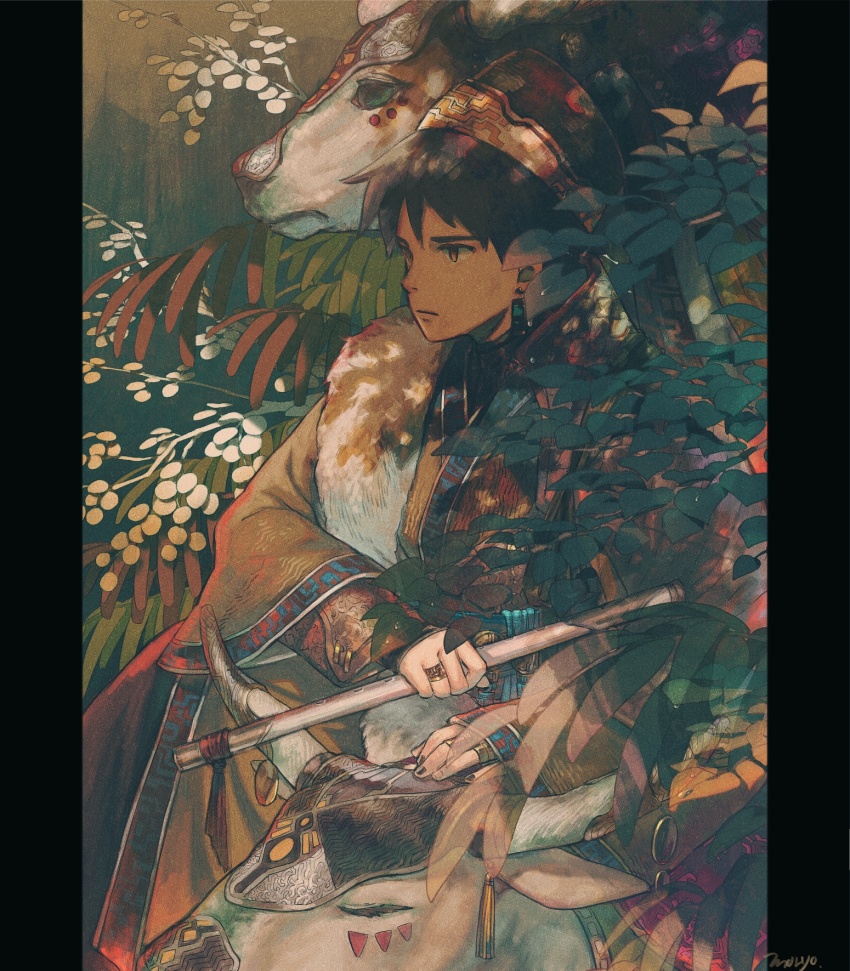 1boy artist_name black_hair cow dappled_sunlight earrings highres holding jewelry leaf long_sleeves moryo original plant ring shadow short_hair signature solo sunlight upper_body