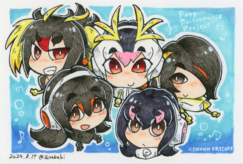 5girls black_hair brown_eyes emperor_penguin_(kemono_friends) gentoo_penguin_(kemono_friends) hair_over_one_eye headphones highres hood hoodie humboldt_penguin_(kemono_friends) kemono_friends long_hair looking_at_viewer multicolored_hair multiple_girls penguin_girl red_eyes rockhopper_penguin_(kemono_friends) royal_penguin_(kemono_friends) shirabaki short_hair simple_background white_hair zipper