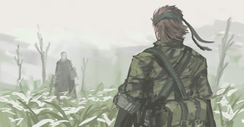 1boy 1girl assault_rifle bandana bare_tree beta_c-mag blonde_hair brown_hair camouflage carbine cloak double-drum_magazine drum_magazine field flower flower_field from_behind gun headband high-capacity_magazine holding holding_gun holding_weapon m16 m231_firing_port_weapon magazine_(weapon) metal_gear_(series) metal_gear_solid_3:_snake_eater naked_snake patriot_(metal_gear) perfect_sushi_rice rifle short-barreled_rifle short_hair sleeves_rolled_up the_boss tree weapon white_flower