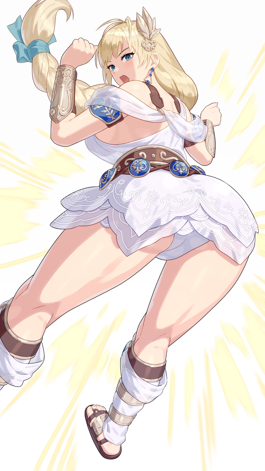 1girl ancient_greek_clothes armor armored_dress ass ass_focus attack blonde_hair blue_eyes braid breasts butt_bump dress greco-roman_clothes hair_ornament highres hip_attack jewelry large_breasts laurel_crown long_hair panties single_braid skirt solo sophitia_alexandra soul_calibur soulcalibur soulcalibur_iv underwear white_panties yagi2013