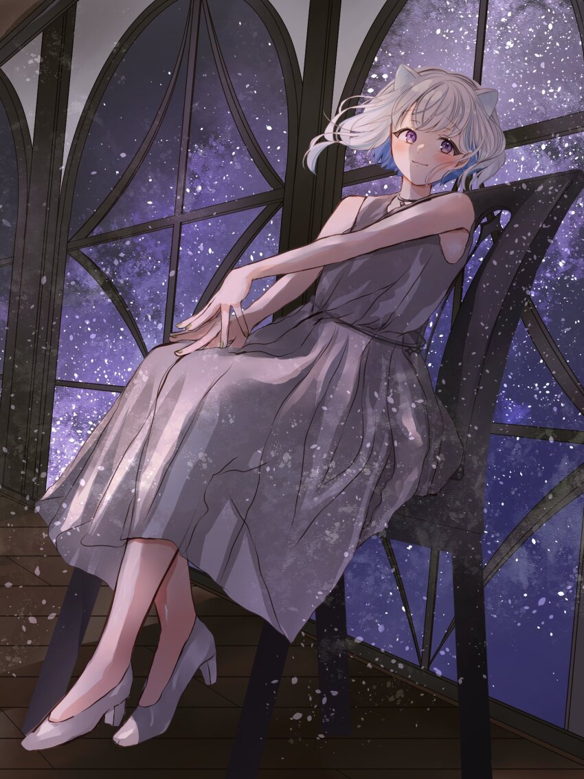 1girl animal_ears blue_hair blush choker closed_mouth colored_inner_hair commentary_request dress full_body grey_dress grey_hair grey_shoes high_heels highres iriam looking_at_viewer medium_hair miria_(iriam) multicolored_hair night night_sky pumps purple_eyes ramune_(yurikoppe0202) shoes sky sleeveless sleeveless_dress smile solo