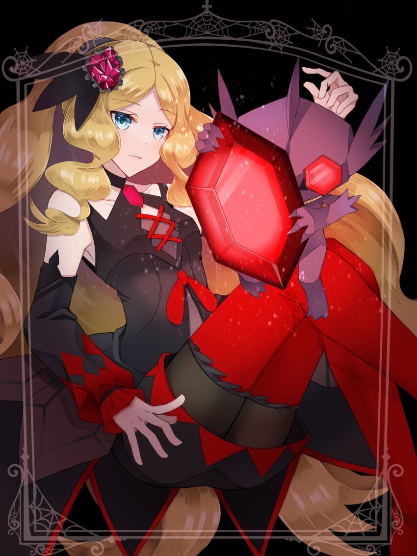 black_dress blonde_hair blue_eyes caitlin_(fall_2021)_(pokemon) caitlin_(pokemon) detached_sleeves dress floating gem gen_3_pokemon hair_ornament highres long_hair looking_at_viewer mega_pokemon mega_sableye mochi_(g_mochi) nintendo official_alternate_costume official_alternate_hairstyle parted_bangs pokemon pokemon_(creature) pokemon_masters_ex ponytail red_thighhighs sableye thighhighs very_long_hair