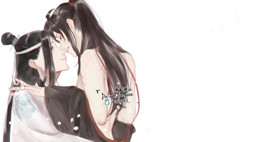 1010923 2boys ahoge bare_shoulders black_hair black_hanfu chinese_clothes closed_eyes closed_mouth clothes_down couple face-to-face falling_petals hair_ribbon hanfu headband high_ponytail highres hug imminent_kiss lan_wangji long_hair long_sleeves looking_at_another male_focus modao_zushi multiple_boys off_shoulder open_clothes open_robe parted_lips petals ponytail profile red_ribbon ribbon robe robe_partially_removed sidelocks simple_background smile topknot twitter_username upper_body watermark wei_wuxian white_background white_hanfu white_headband wide_sleeves xiao_guan_(headdress) yaoi