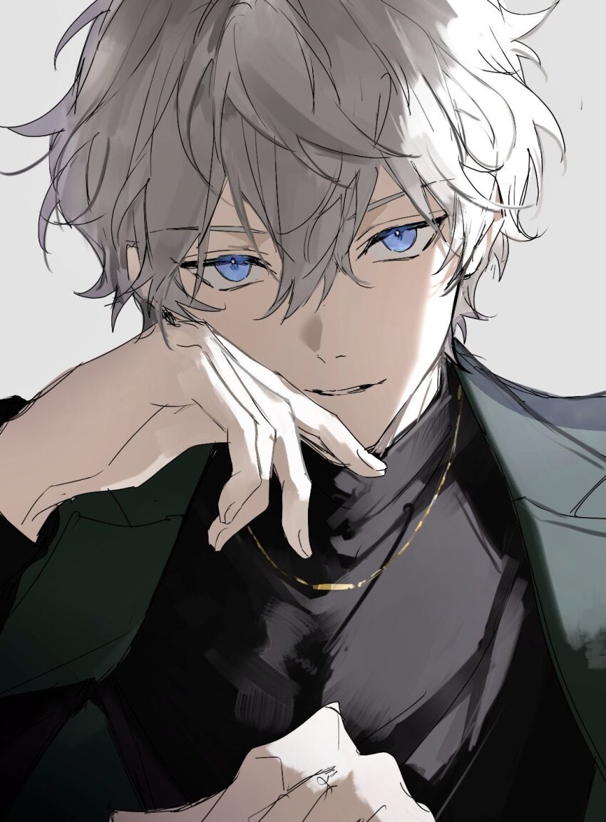 1boy black_sweater blue_eyes cheek_rest close-up double-parted_bangs ensemble_stars! green_jacket grey_background grey_hair hair_between_eyes hand_on_own_cheek hand_on_own_face highres jacket jewelry looking_at_viewer male_focus necklace nozz177 open_clothes open_jacket parted_lips sena_izumi_(ensemble_stars!) short_hair simple_background solo sweater turtleneck turtleneck_sweater wavy_hair