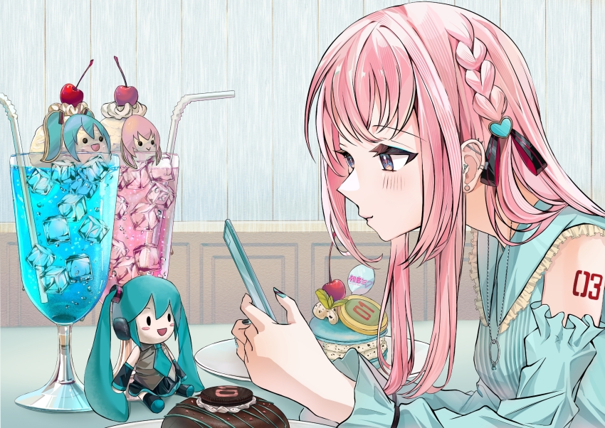 1girl arm_tattoo cellphone cherry cup drink drinking_glass food fruit hatsune_miku highres ice ice_cream ice_cream_sandwich jewelry long_hair looking_at_phone megurine_luka necklace number_print number_tattoo phone plate ramika_(ramika0606) smartphone solo stuffed_toy tattoo toy vocaloid