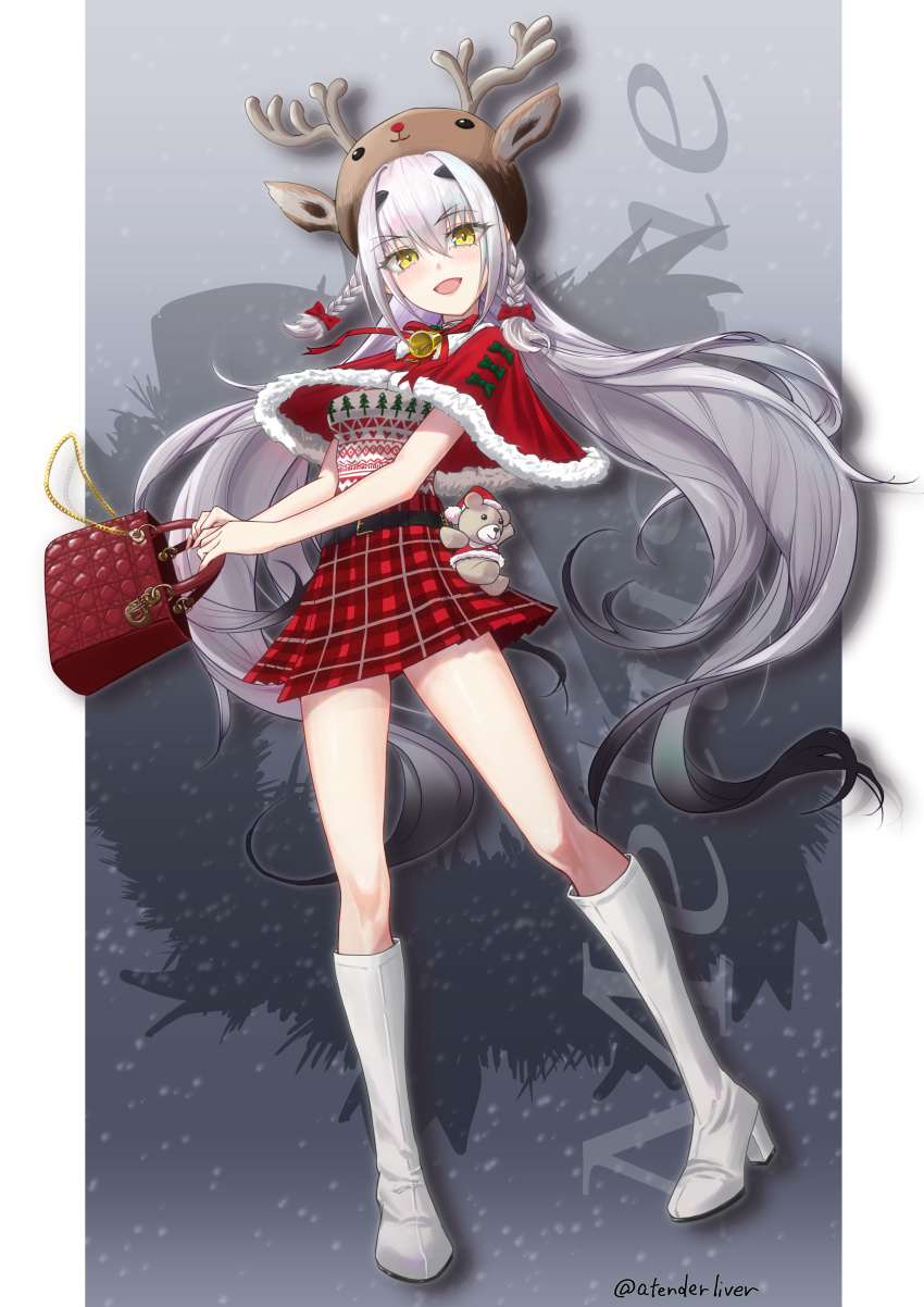 1girl :d absurdres alternate_costume atenderliver bag bell belt black_belt blush boots bow braid breasts capelet character_name christmas_tree_print commentary_request fate/grand_order fate_(series) forked_eyebrows full_body fur-trimmed_capelet fur_trim gradient_hair green_bow grey_hair handbag high_heel_boots high_heels highres holding holding_bag knee_boots long_hair looking_at_viewer melusine_(fate) multicolored_hair neck_bell open_mouth plaid_clothes plaid_skirt red_bag red_bow red_capelet red_skirt reindeer_hat simple_background skirt smile solo stuffed_animal stuffed_toy teddy_bear twin_braids twitter_username white_boots yellow_eyes