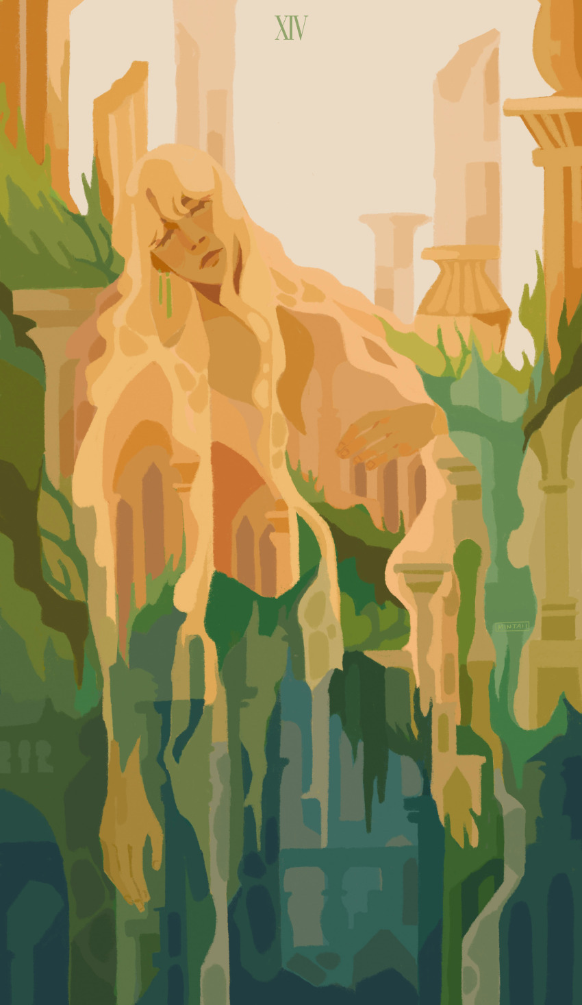 1girl abandoned absurdres analogous_colors arch architecture blending blonde_hair bridge broken_pillar building card_(medium) castle cave closed_eyes commentary double_exposure earrings english_commentary expressionless fantasy grass head_tilt highres jewelry long_hair original outdoors pillar roman_numeral ruins scenery sky solo spearmintaii stalactite surreal tarot tarot_(medium) temperance_(tarot) underground wavy_hair white_sky