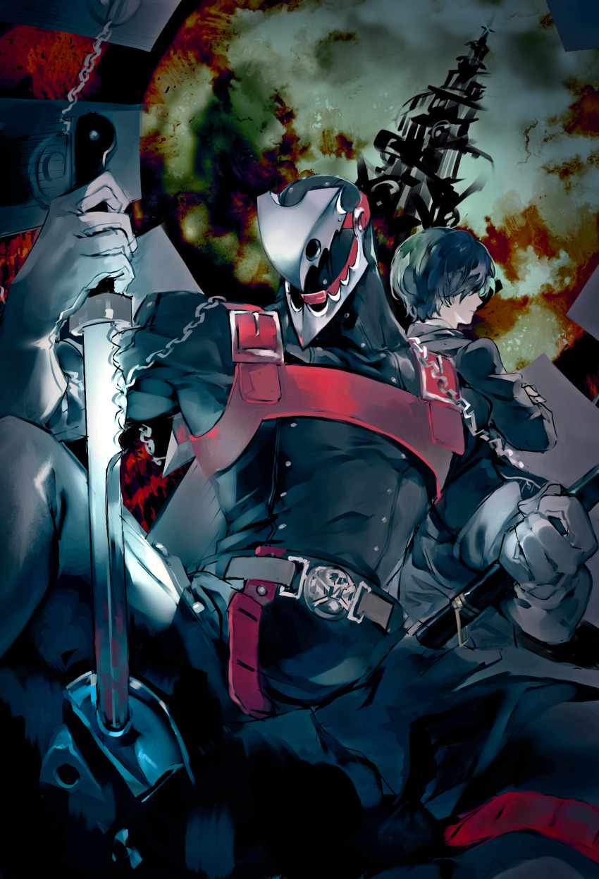 2boys absurdres black_bodysuit black_hair black_jacket bodysuit chain crossed_arms gloves hair_over_eyes highres holding holding_sword holding_weapon jacket long_sleeves lor_(roasyerizyonirapi) multiple_boys night persona persona_3 short_hair sword tartarus thanatos_(persona) weapon white_gloves yuuki_makoto_(persona_3)